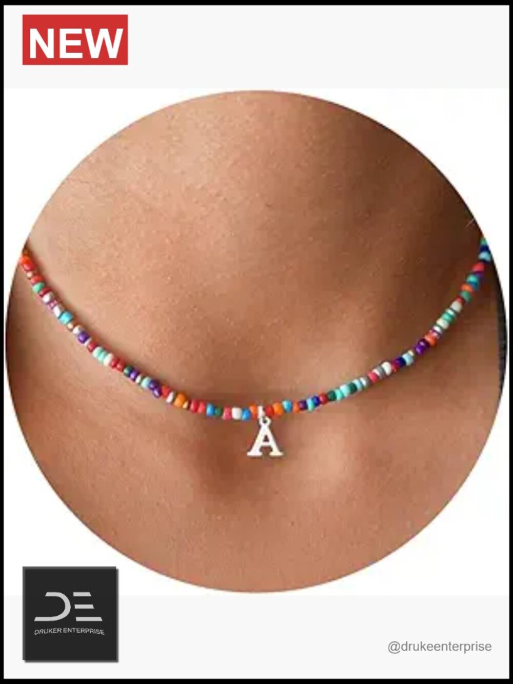 Beaded Initial Choker Necklace Adjustable Stainless Steel Pendant 14+2.5 Inch